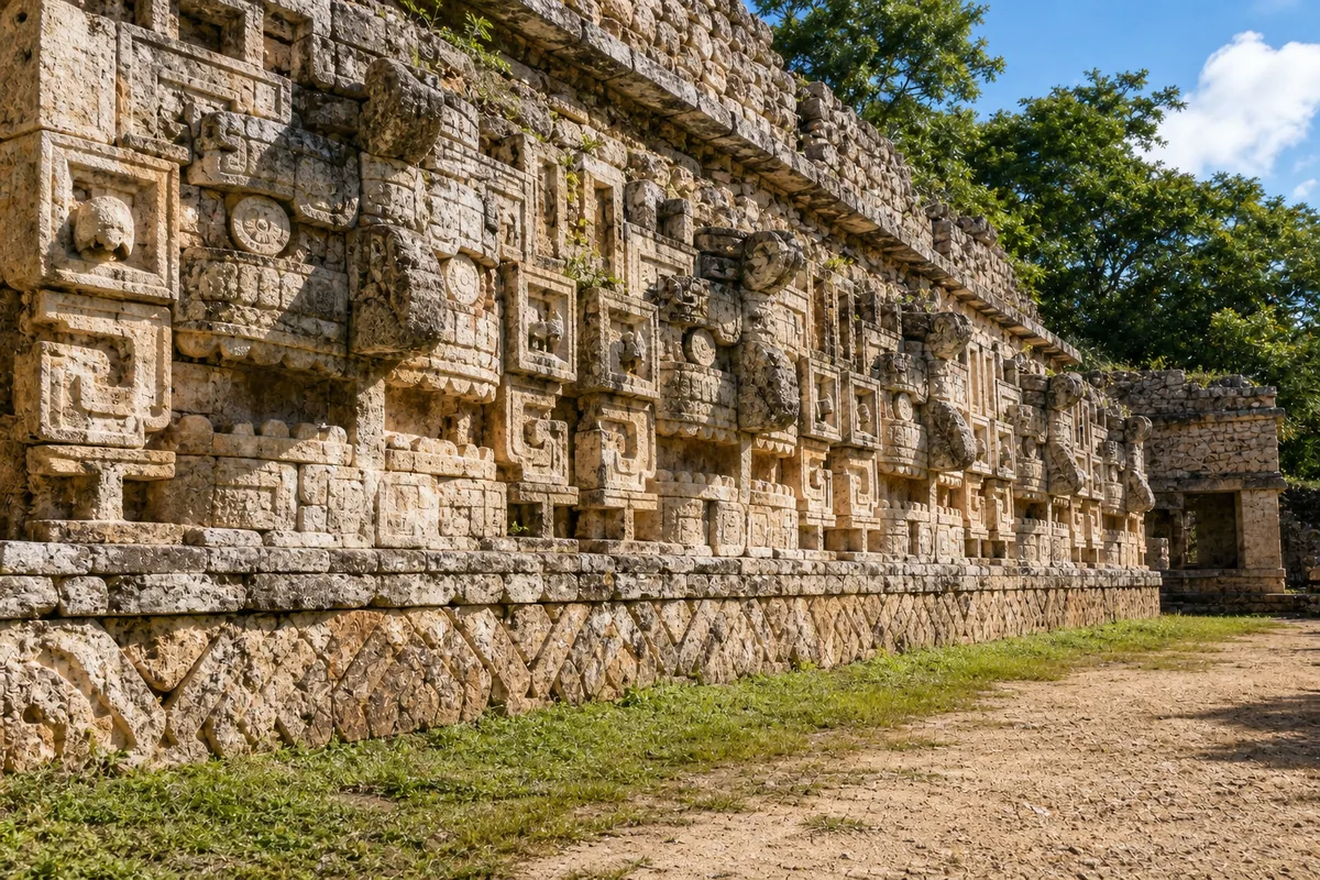 Ilustración del Palacio de los Mascarones de Kabah en la Ruta Puuc