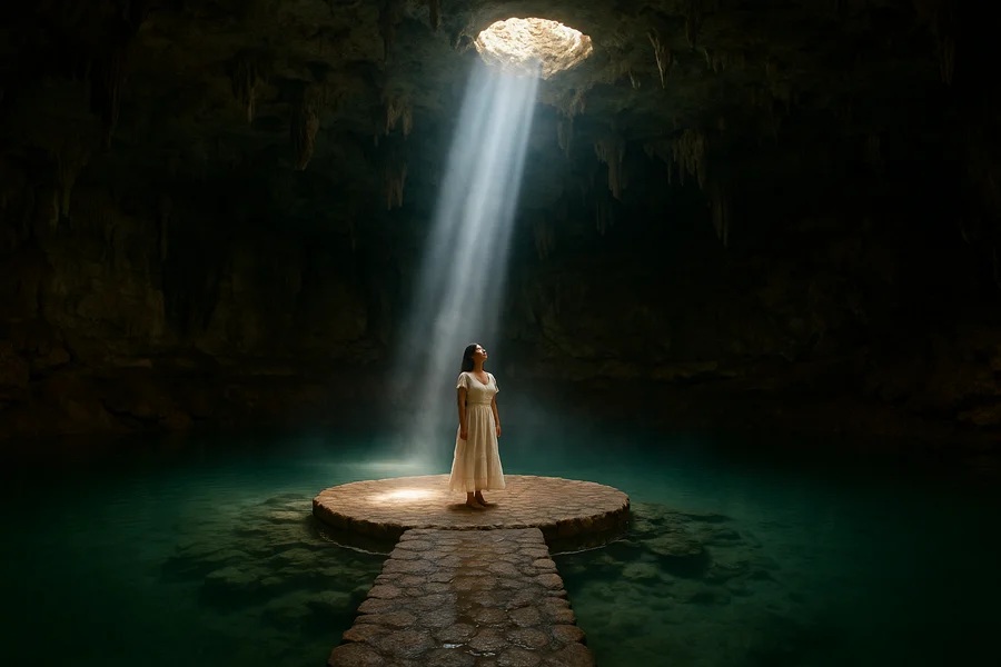 Cenote Suytún Yucatán con rayo de luz natural