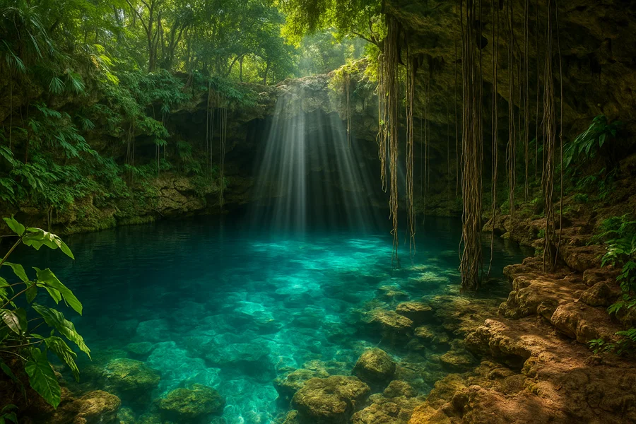 Cenote X’Batún con agua azul turquesa, vegetación tropical, rayos de luz natural entrando desde la cueva