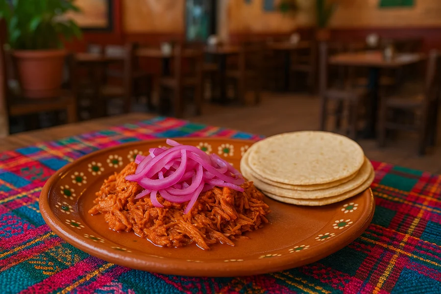 Plato de cochinita pibil con cebolla morada y tortillas en mesa tradicional mexicana, fondo de restaurante local.