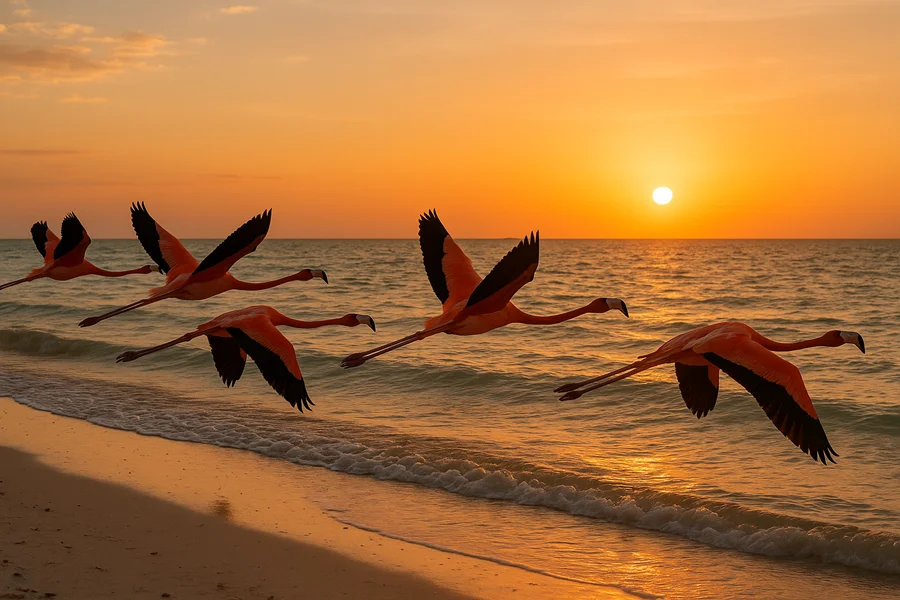 Playa de Celestún con flamingos rosados volando sobre el agua al atardecer, colores cálidos, fotografía realista