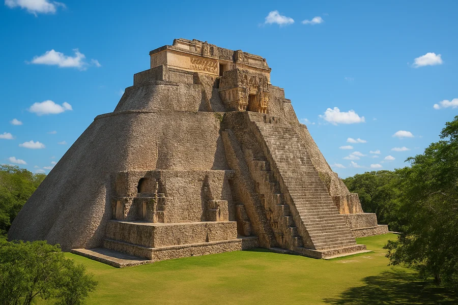 Pirámide del Adivino en Uxmal, cielo azul brillante, vegetación alrededor, foto turística profesional