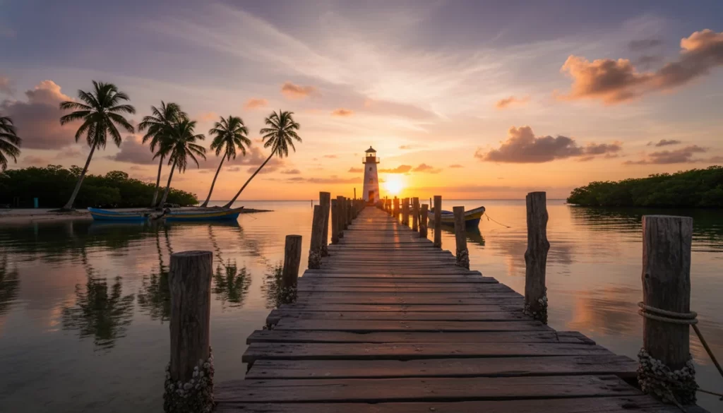 Atardecer en el muelle y faro de El Cuyo, Yucatán