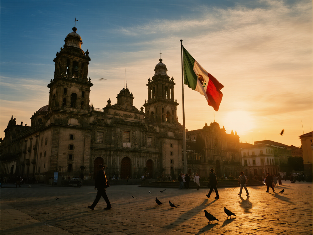 Vista del Zócalo de Ciudad de México con la Catedral Metropolitana al atardecer