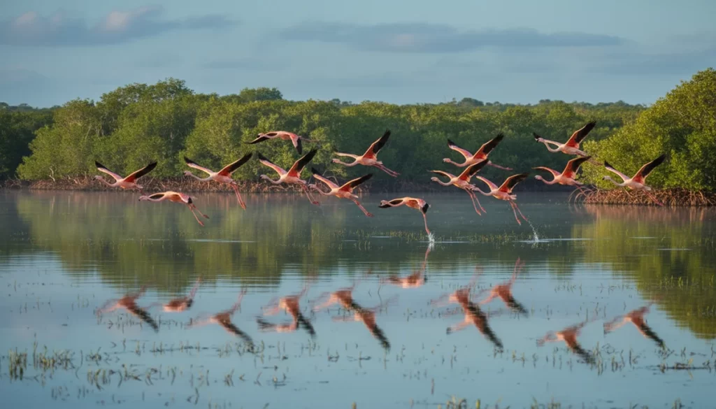 Flamencos sobre los manglares de la Reserva Ría Lagartos, cerca de El Cuyo
