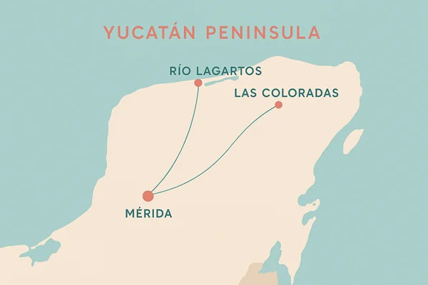 Mapa de la península de Yucatán con Mérida, Río Lagartos y Las Coloradas señalados