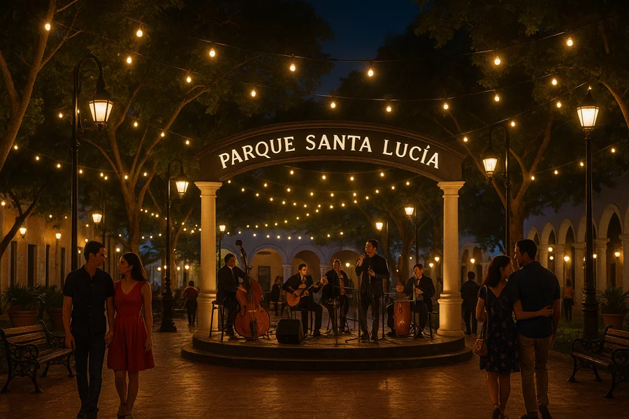 Parque Santa Lucía de Mérida por la noche con luces, música en vivo y parejas caminando, atmósfera romántica
