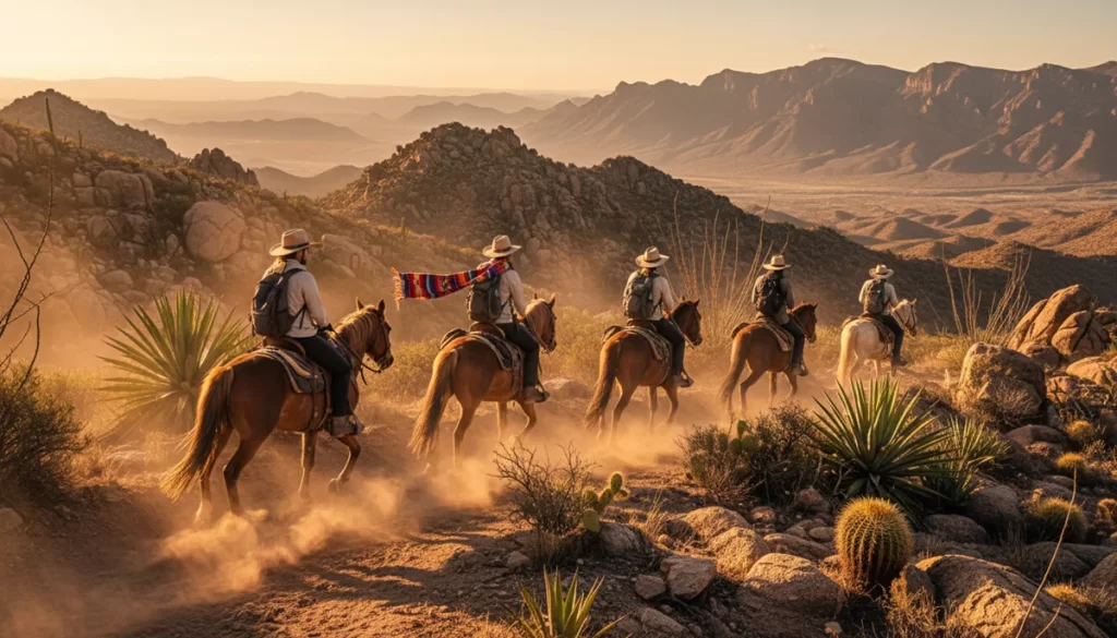 Turistas en paseo a caballo por las montañas de Real de Catorce
