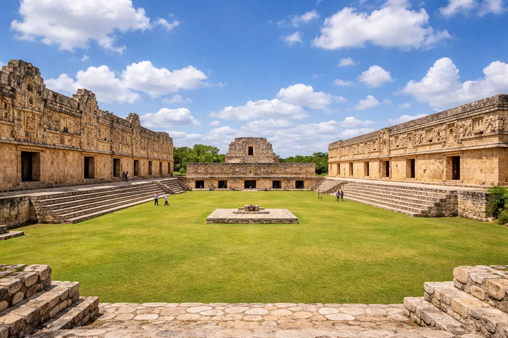 Cuadrángulo de las Monjas Uxmal patio central rodeado de edificios con máscaras de Chaac