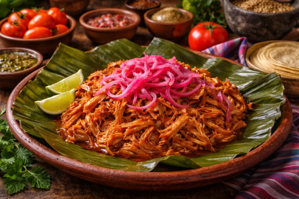 Cochinita pibil yucateca tradicional hoja plátano cebolla morada curtida