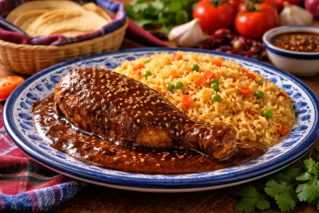 Platillo tradicional mole poblano con arroz y pollo típico de Puebla México