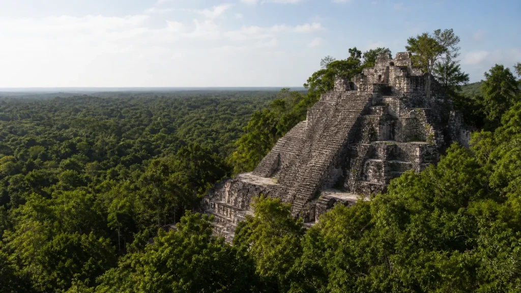 Zona arqueológica de Calakmul rodeada por la selva maya de Campeche
