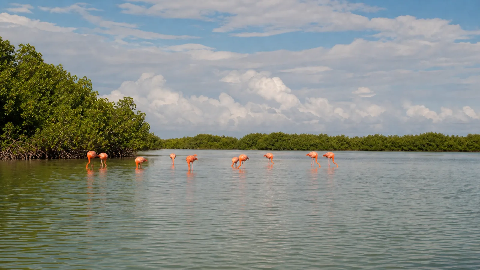 Flamencos en la Ría Celestún cerca de Mérida, Yucatán
