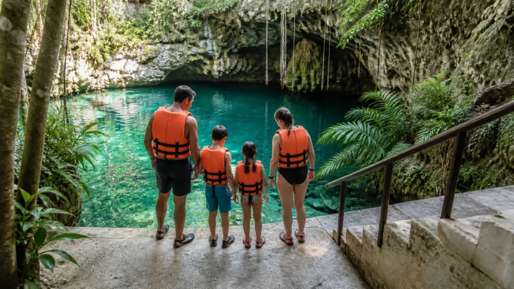 Cenotes cerca de Mérida para ir con niños con chalecos y acceso con barandal